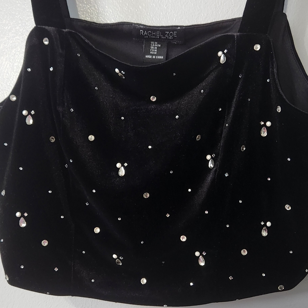 Bling Rhinestones Rachel Zoe Black Velvet Embellished Crop Top